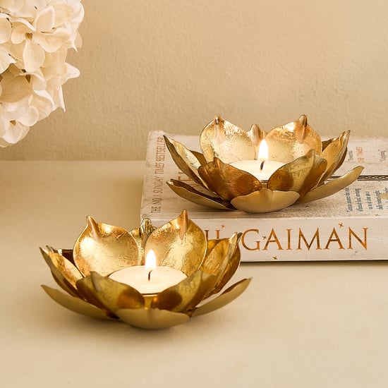 Corsica Nahar Curio Set of 2 Metal Lotus T-Light Holders