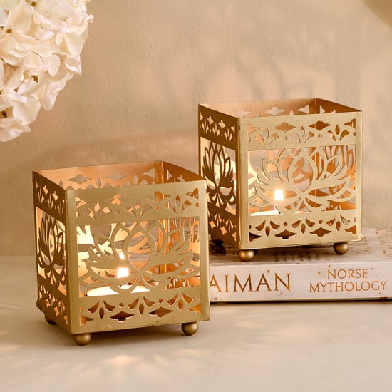Corsica Nahar Curio Set of 2 Metal Laser Cut Lotus T-Light Holders