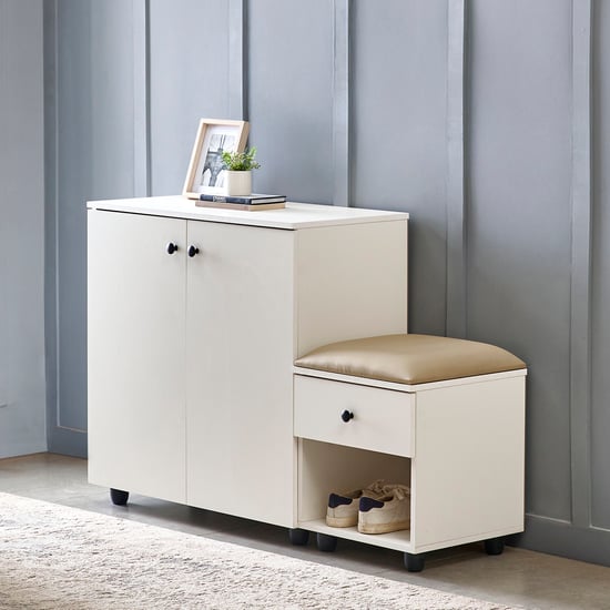 Helios Madison 12 Pairs Shoe Cabinet with Cushion Seat and Drawer - White