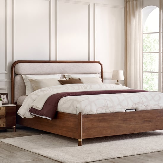 Nuqta Noor Acacia Wood Queen Bed with Hydraulic Storage - Brown