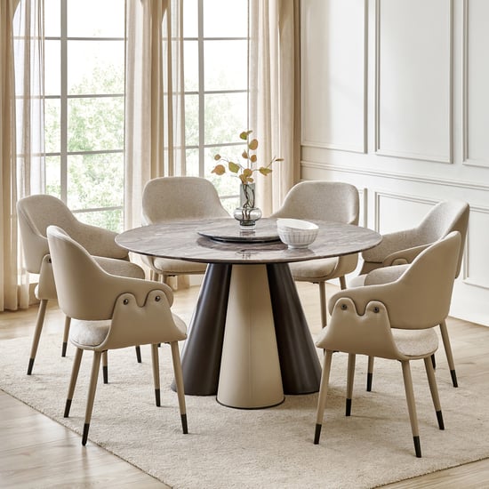 Clair De Lune Faux Marble Top 6-Seater Dining Set with Chairs - Beige