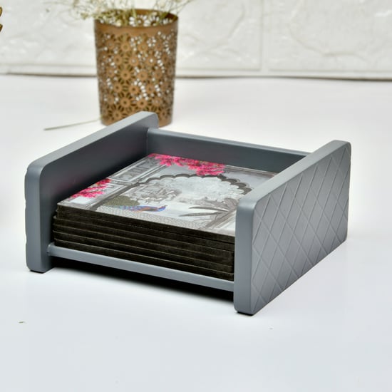 HOME SPARKLE Set of 6 Wooden Coasters with Holder