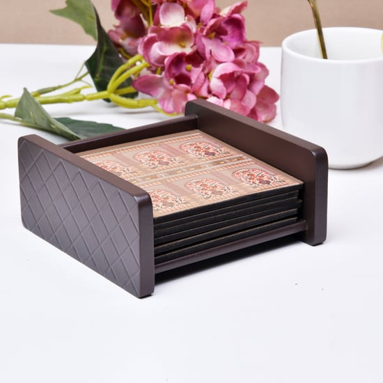 HOME SPARKLE Set of 6 Wooden Coasters with Holder