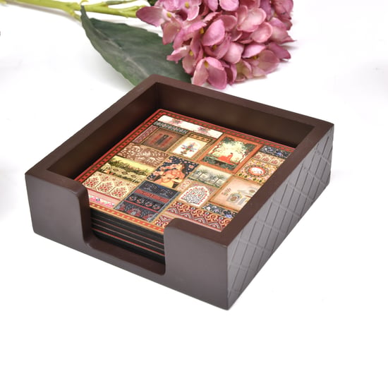 HOME SPARKLE Set of 6 Wooden Coasters with Holder