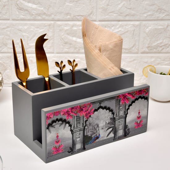 HOME SPARKLE Wooden Cutlery and Tissue Holder