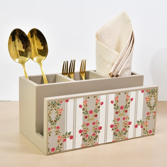 HOME SPARKLE Wooden Printed Cutlery & Tissue Holder