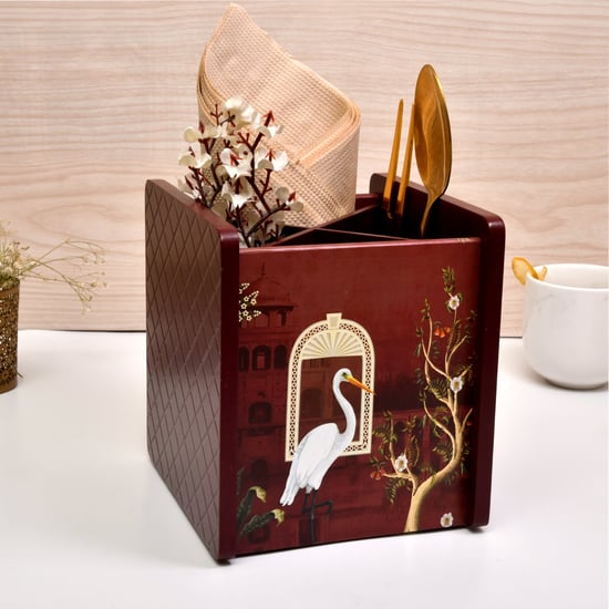 HOME SPARKLE Wooden Printed Cutlery & Tissue Holder