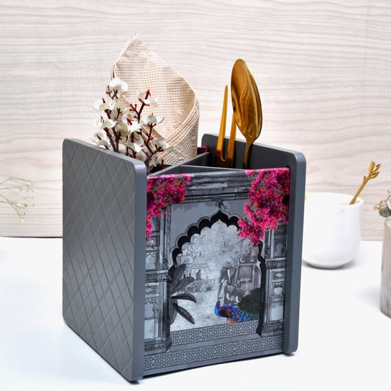 HOME SPARKLE Wooden Printed Cutlery & Tissue Holder
