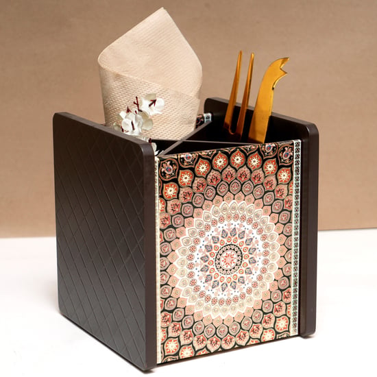 HOME SPARKLE Wooden Printed Cutlery & Tissue Holder