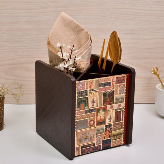 HOME SPARKLE Wooden Printed Cutlery & Tissue Holder