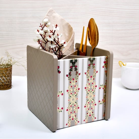 HOME SPARKLE Wooden Printed Cutlery & Tissue Holder
