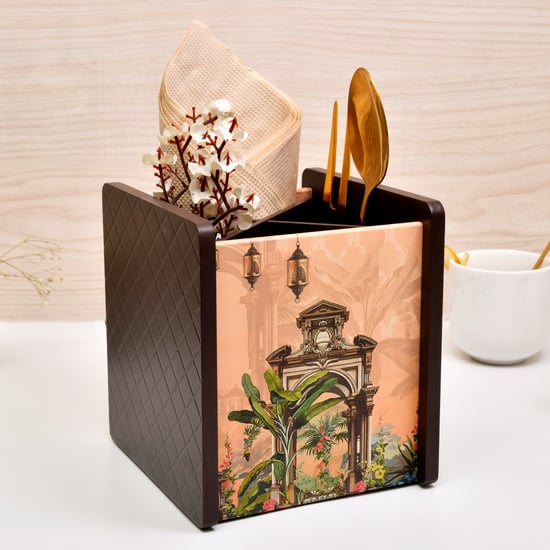 HOME SPARKLE Wooden Printed Cutlery & Tissue Holder