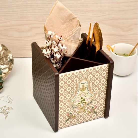 HOME SPARKLE Wooden Printed Cutlery & Tissue Holder