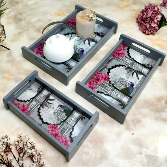 HOME SPARKLE Set of 3 Wooden Serving Trays