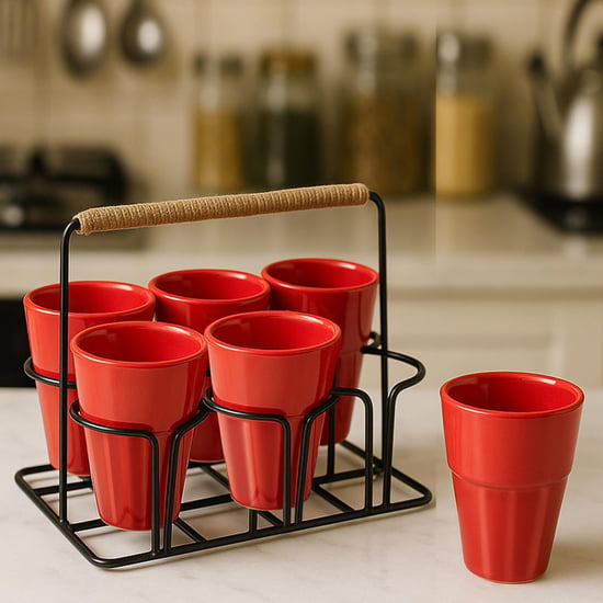 HOMESAKE Set of 6 Ceramic Cutting Chai Cups with Stand - 120ml