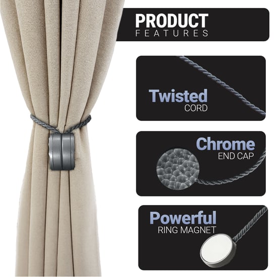DECO WINDOW Wavelet Set of 2 Magnetic Rope Curtain Tiebacks - Grey