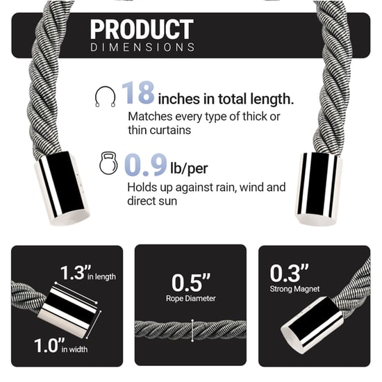 DECO WINDOW Igloo Set of 2 Magnetic Rope Curtain Tiebacks - Grey
