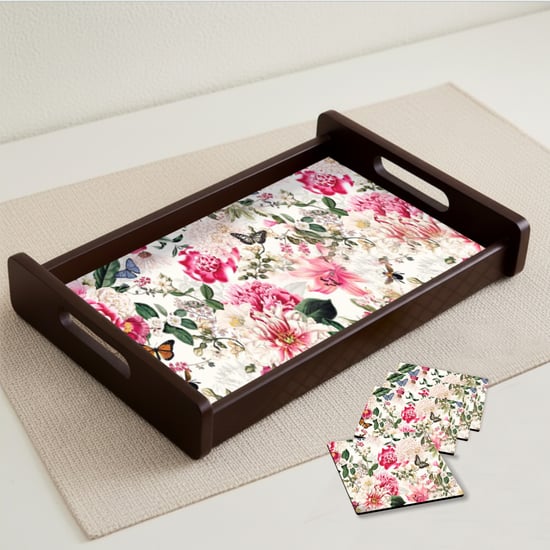 HOME SPARKLE Wooden Serving Tray with 4 Coasters