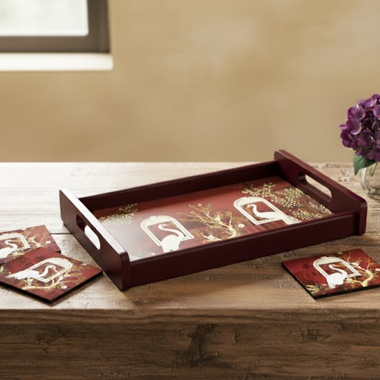 HOME SPARKLE Wooden Serving Tray with 4 Coasters