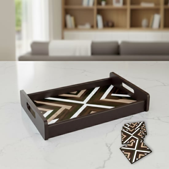 HOME SPARKLE Wooden Serving Tray with 4 Coasters