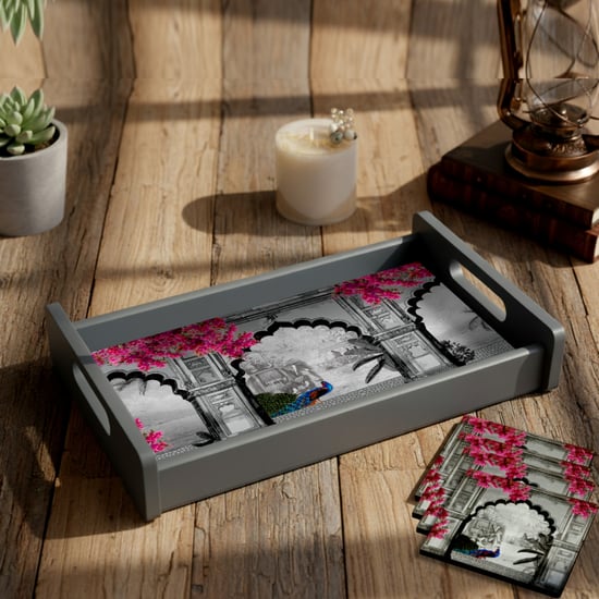 HOME SPARKLE Wooden Serving Tray with 4 Coasters