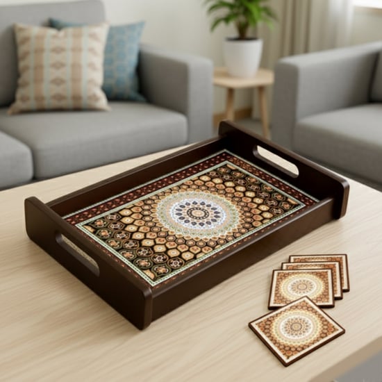 HOME SPARKLE Wooden Serving Tray with 4 Coasters