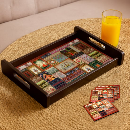 HOME SPARKLE Wooden Serving Tray with 4 Coasters