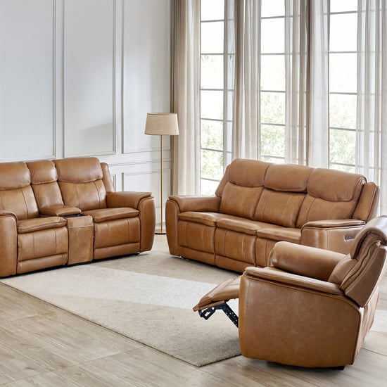 Potsdam Half Leather 3+2+1 Seater Zero Gravity Electric Recliner Set - Tan