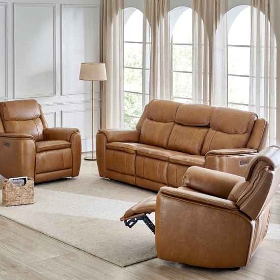 Potsdam Half Leather 3+1+1 Seater Zero Gravity Electric Recliner Set - Tan