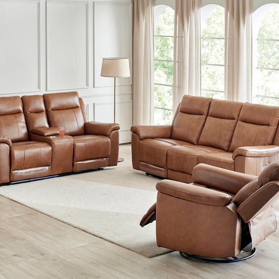 Nevil Half Leather 3+2+1 Seater Electric Recliner Set - Tan