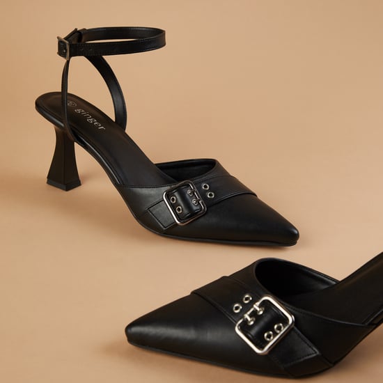 GINGER Buckle-Detailed Ankle Strap Spool Heels Black