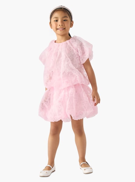 Juniors Floral Textured Balloon Top and Skirt Set