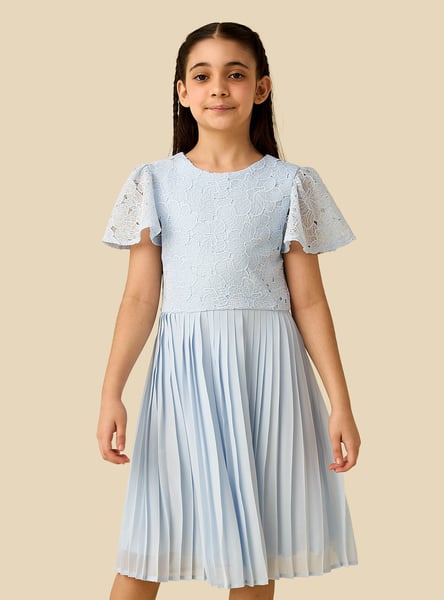 Juniors Floral Lace Pleated Dress with Zip Closure