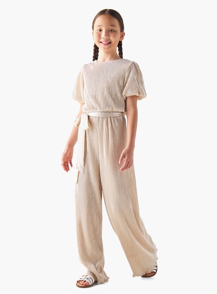Juniors Pleated Jumpsuit with Puff Sleeves