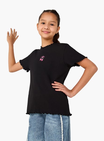 Juniors Ribbed Top with Lettuce Hem