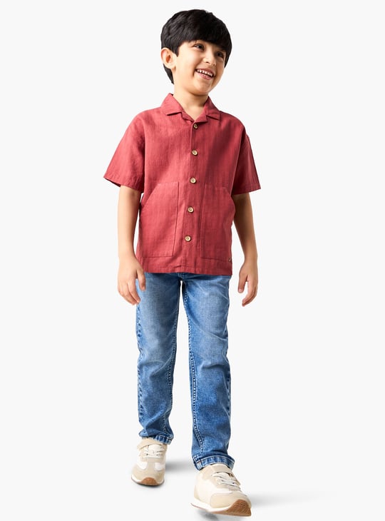 Juniors Textured Camp Collar Shirt with Short Sleeves
