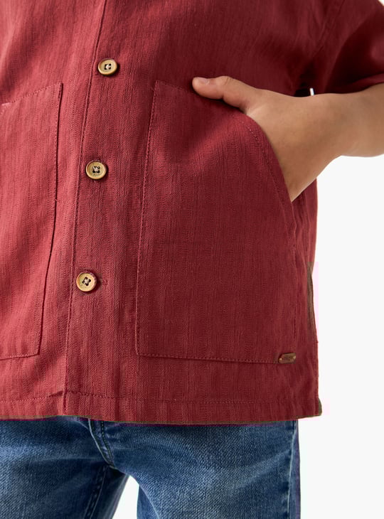 Juniors Textured Camp Collar Shirt with Short Sleeves