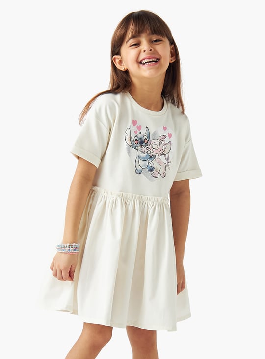 Juniors Stitch and Angel Print Dress with Short Sleeves