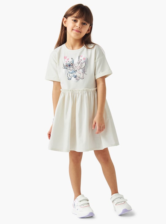 Juniors Stitch and Angel Print Dress with Short Sleeves