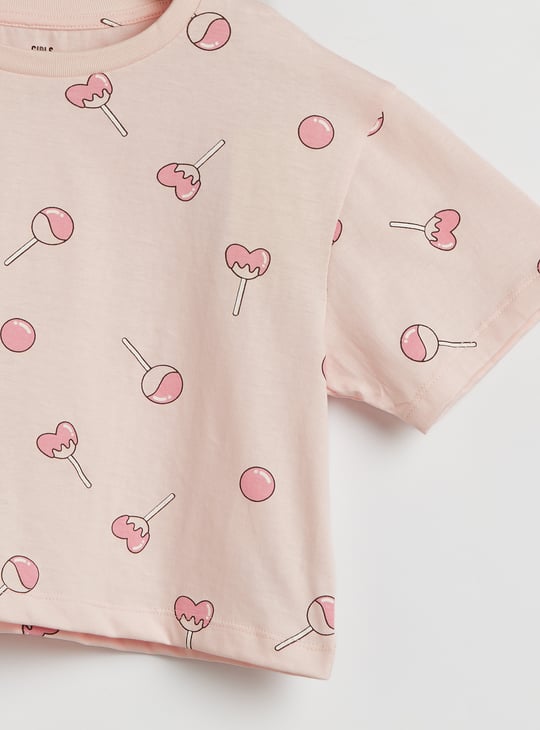 Juniors Candy Print T-shirt with Short Sleeves