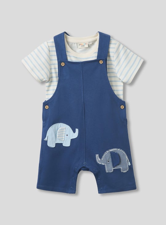Juniors Striped T-shirt and Elephant Applique Dungaree Set