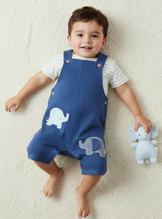 Juniors Striped T-shirt and Elephant Applique Dungaree Set