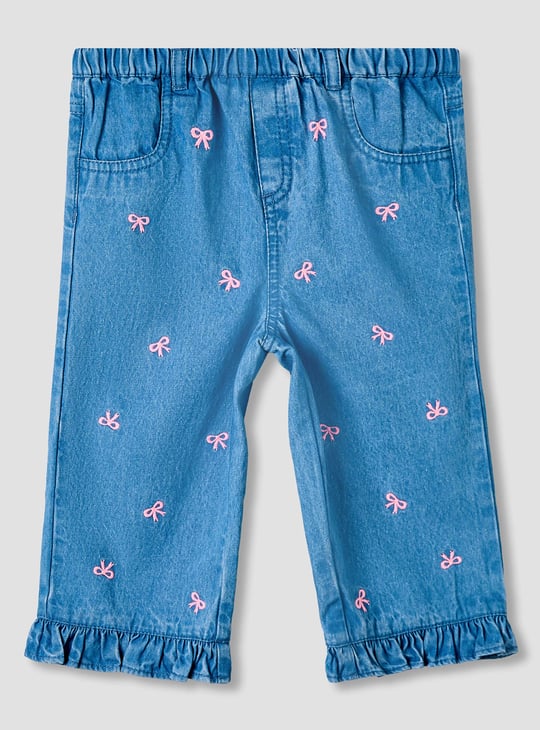 Juniors Bow Embroidered Jeans with Elasticated Waist