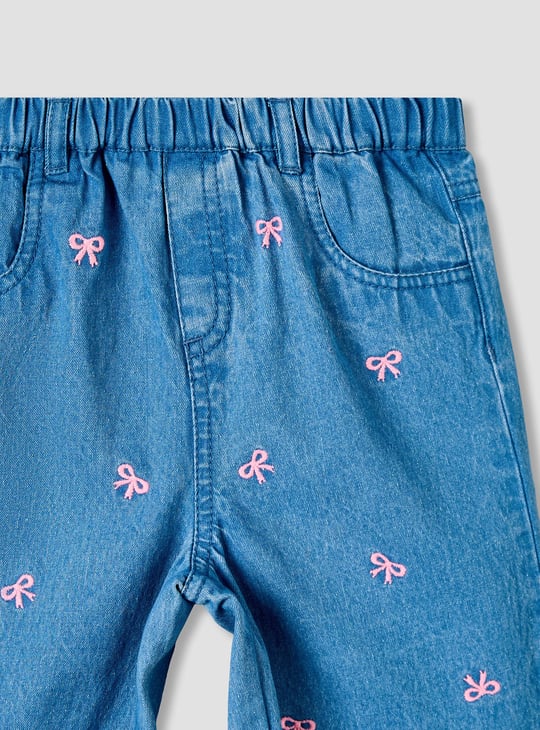 Juniors Bow Embroidered Jeans with Elasticated Waist