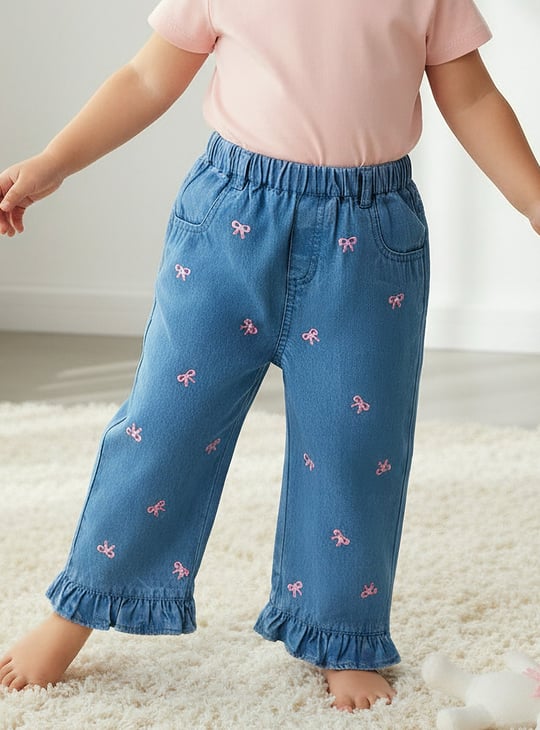 Juniors Bow Embroidered Jeans with Elasticated Waist