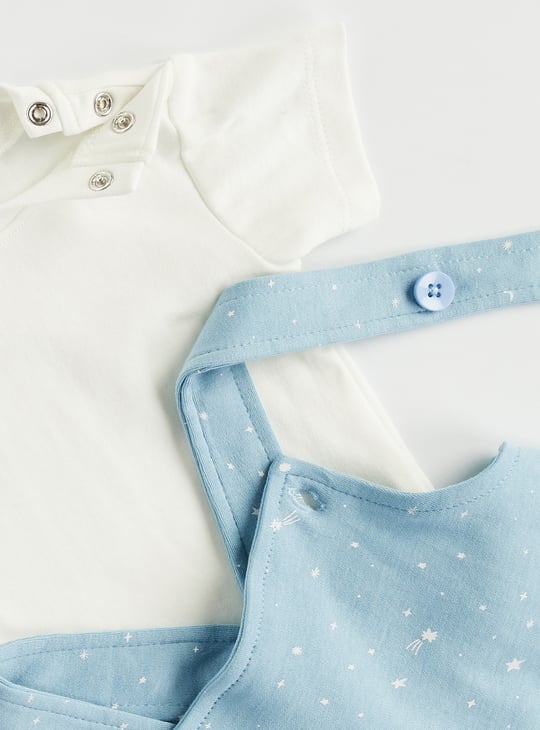 Juniors Solid T-shirt and Printed Dungaree Set