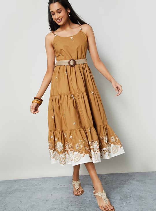 COLOUR ME Floral Print Tiered Dress with Belt | Yellow