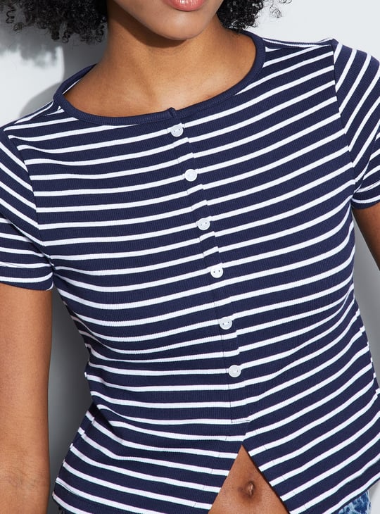 GINGER Striped Knit Top with Notched Hem