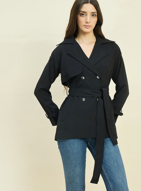 MADAME Solid Double-Breasted Belted Coat