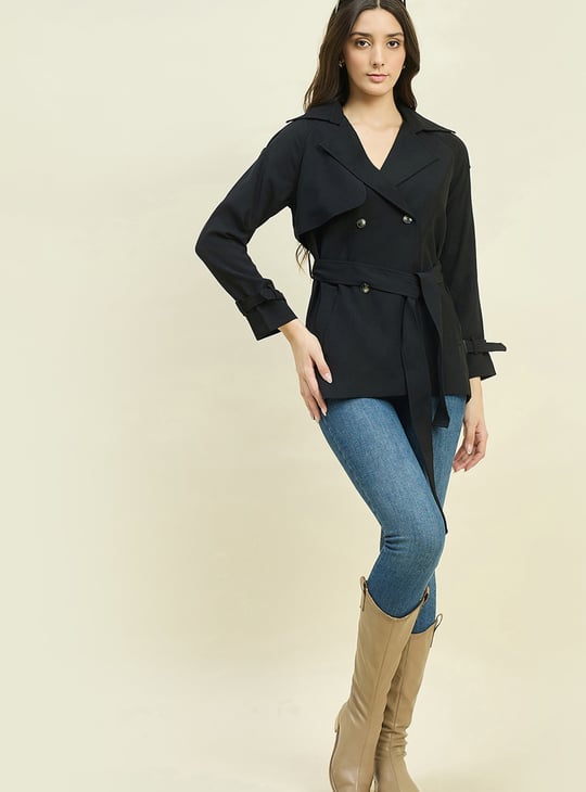 MADAME Solid Double-Breasted Belted Coat